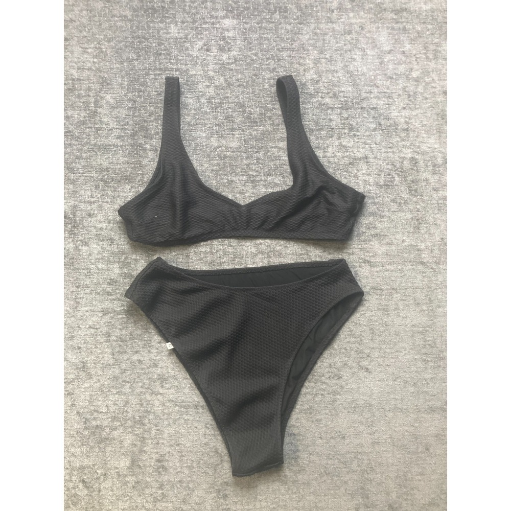 Aerie High-Cut Cheeky 2-Piece Bikini Set Women's Medium Black Textured Swimwear